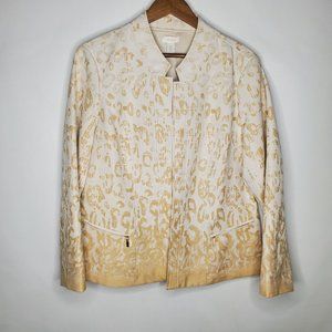 Chicos Womens Open Blazer Size 2 Cream Tan Geometric Gold Zip Pockets Career